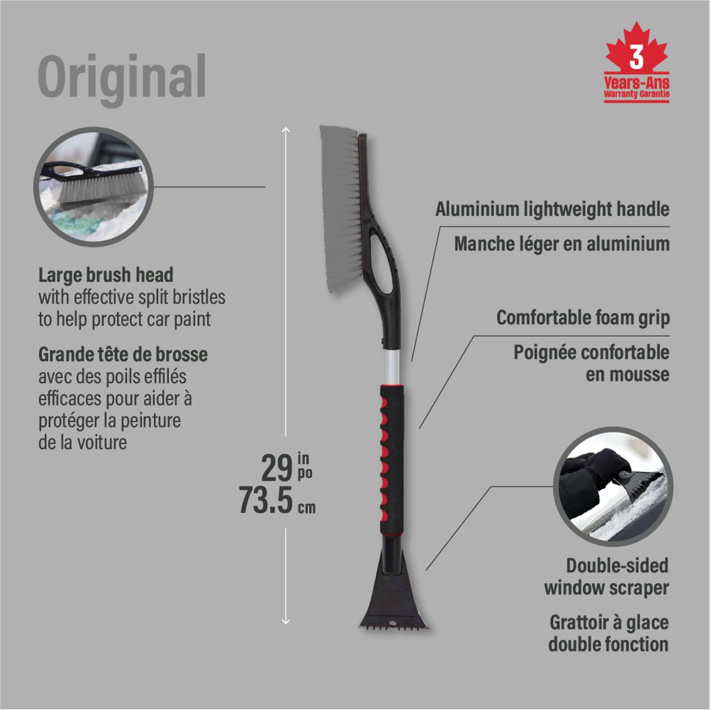 Balai à neige et grattoir à glace 29 po avec poignée en mousse