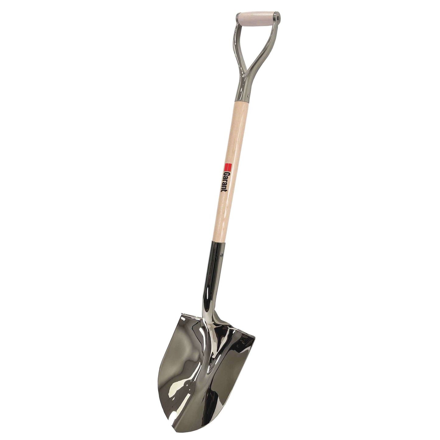 Chrome-plated round point shovel, wood handle