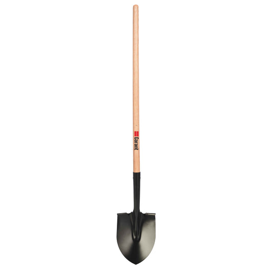 Round point shovel, long wood handle