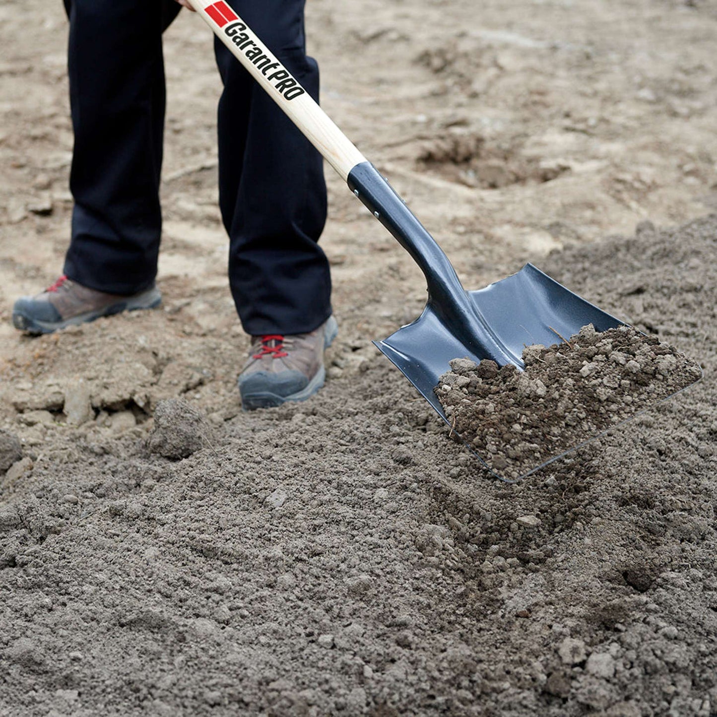 Square point shovel, long wood handle