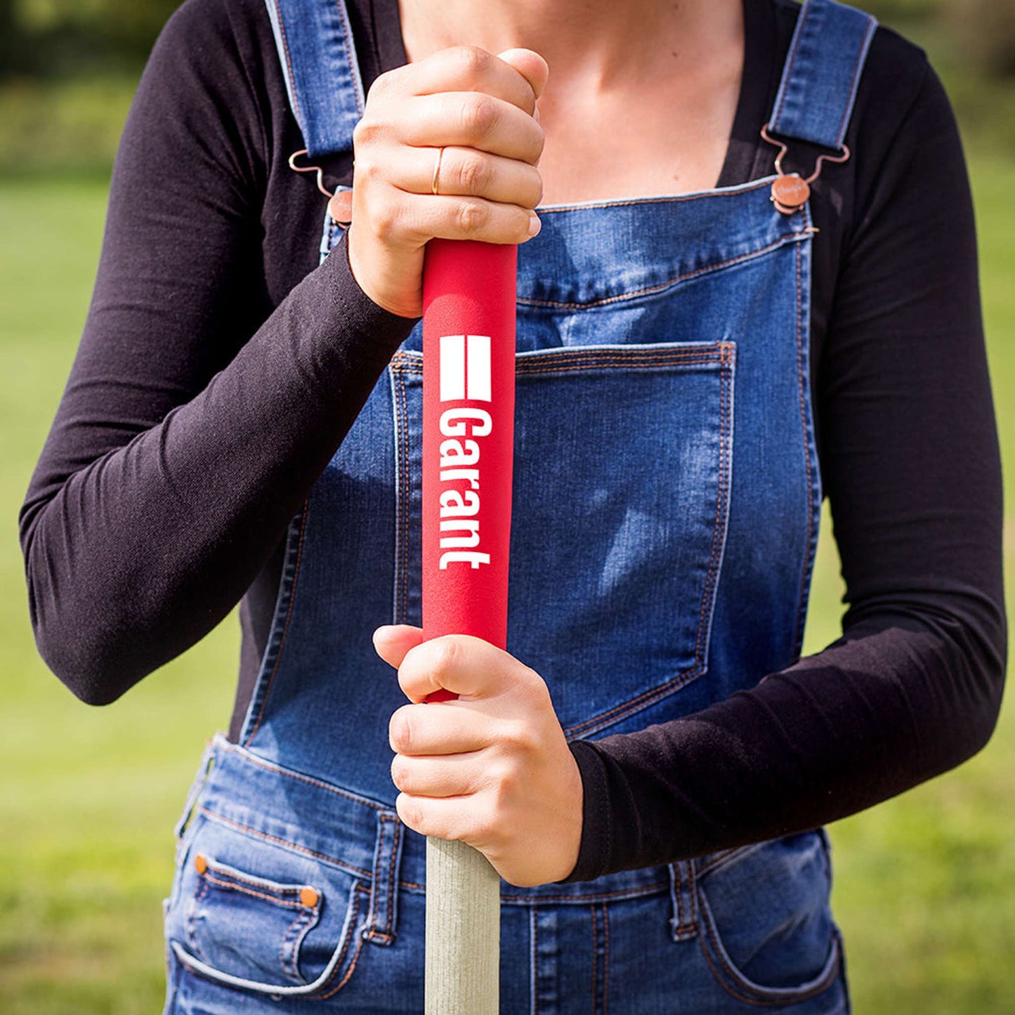 Square point shovel, long wood handle