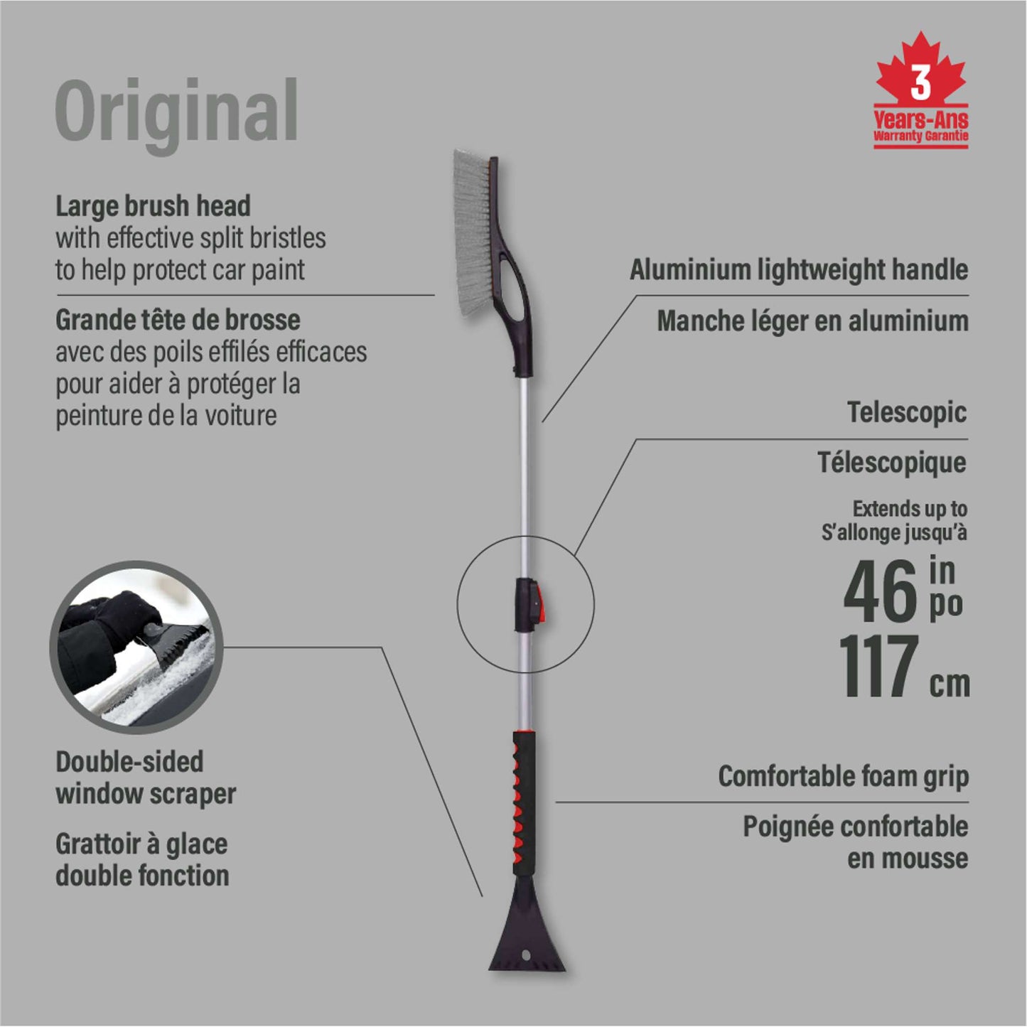 Balai à neige télescopique 46 po avec poignée en mousse