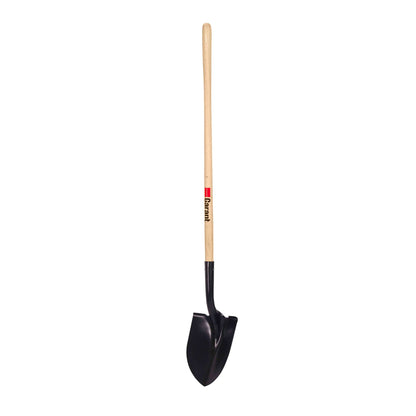 Round point shovel, long wood handle