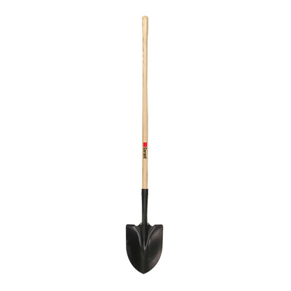 Round point shovel, long wood handle
