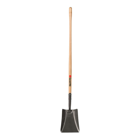 Square point shovel, long wood handle