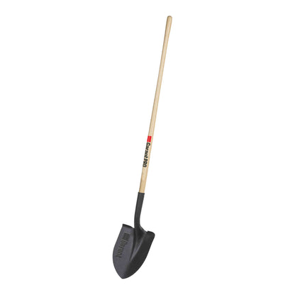 Round point shovel, long wood handle