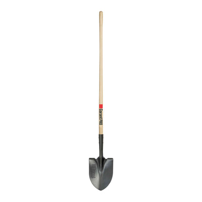 Round point shovel, long wood handle