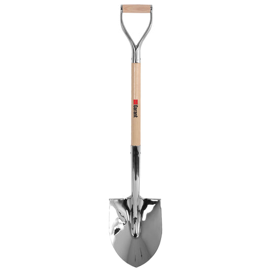 Chrome-plated round point shovel, wood handle