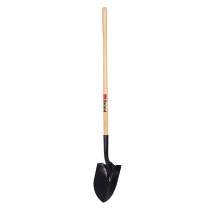 Round point shovel, long wood handle