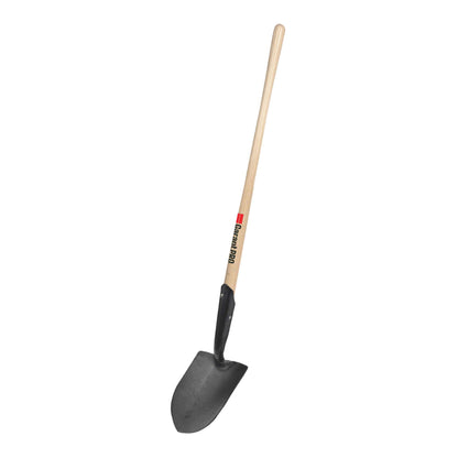 Round point shovel, long wood handle