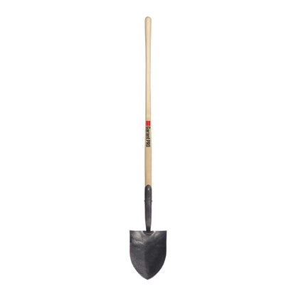 Round point shovel, long wood handle