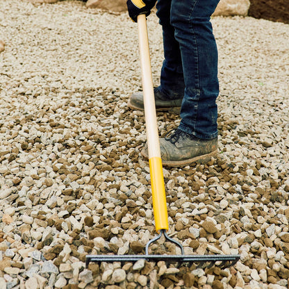 Double-back level rake, wood handle