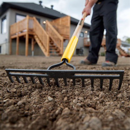 Double-back level rake, wood handle