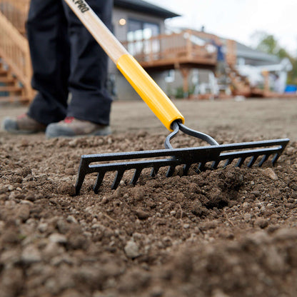 Double-back level rake, wood handle