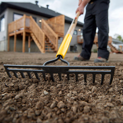 Double-back level rake, wood handle