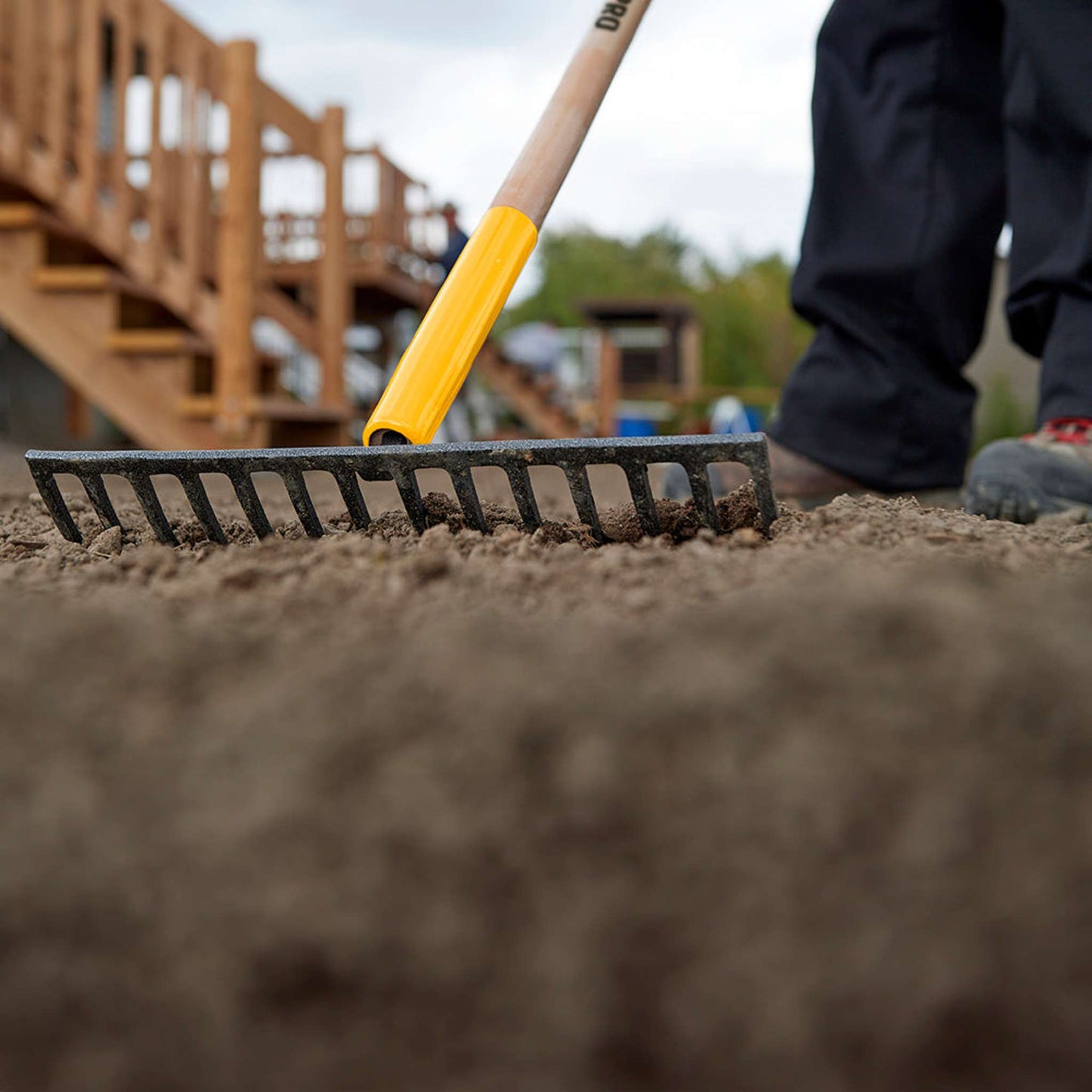 Level rake, wood handle