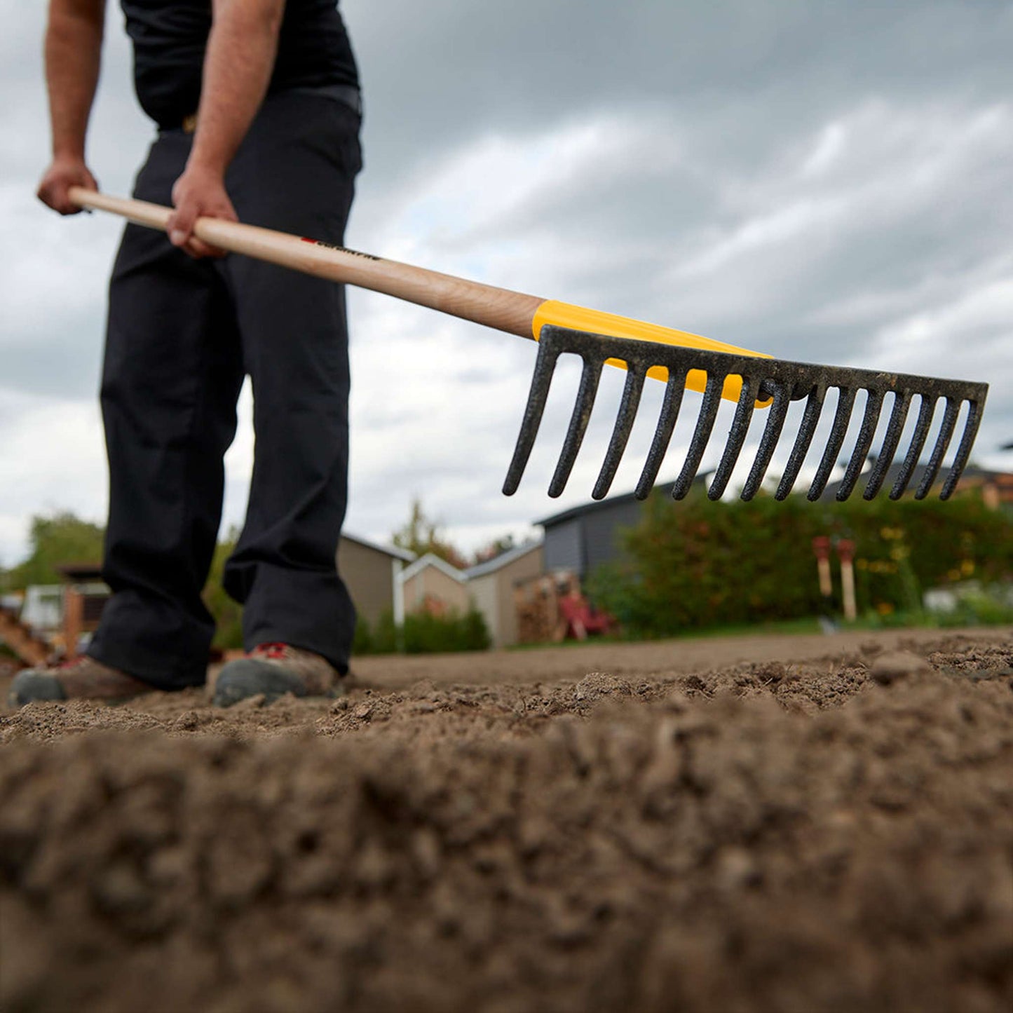 Level rake, wood handle