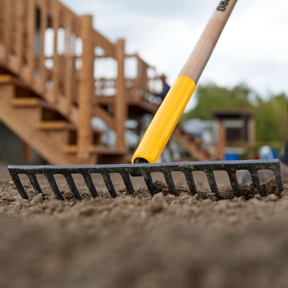Level rake, wood handle