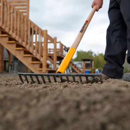 Level rake, wood handle