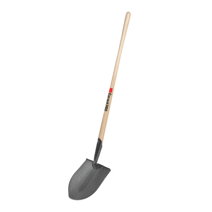 Round point shovel, long wood handle