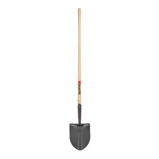 Round point shovel, long wood handle