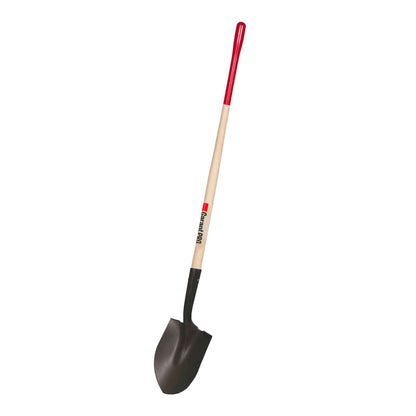 Round point shovel, long wood handle
