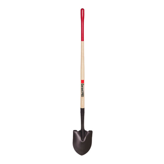 Round point shovel, long wood handle
