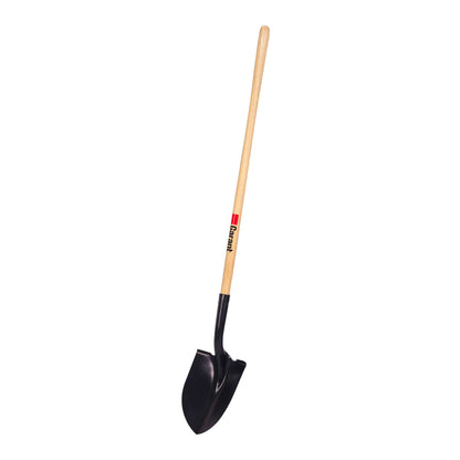 Round point shovel, long wood handle