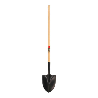 Round point shovel, long wood handle