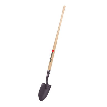 Round point shovel, long wood handle