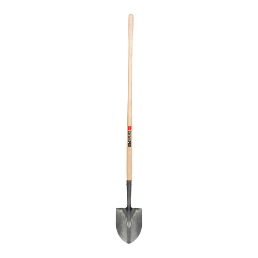 Round point shovel, long wood handle