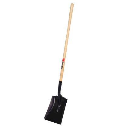 Square point shovel, long wood handle