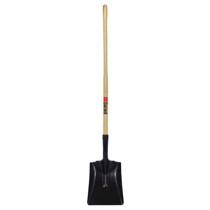 Square point shovel, long wood handle