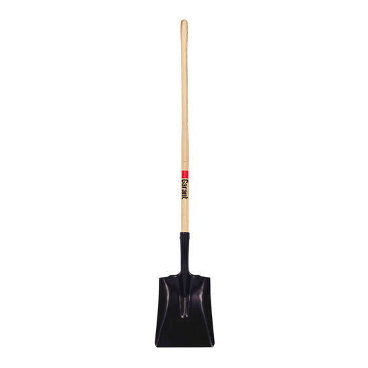 Square point shovel, long wood handle