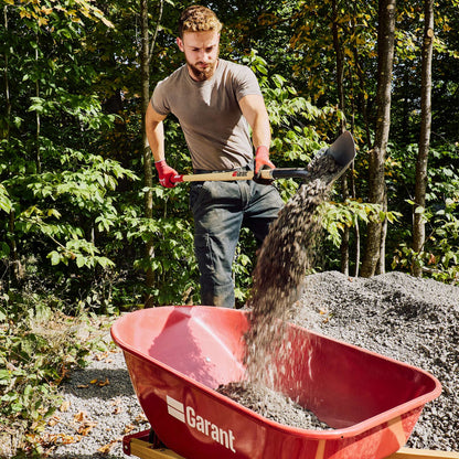 Round point shovel, long wood handle