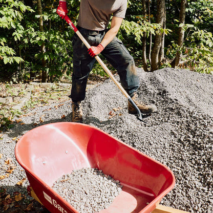 Round point shovel, long wood handle