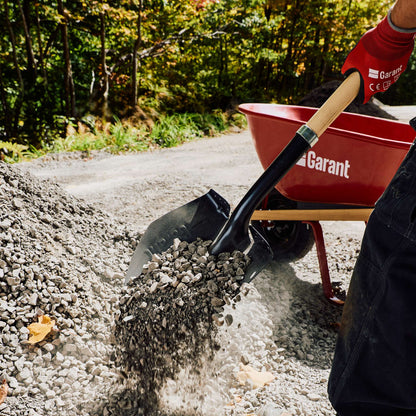 Round point shovel, long wood handle