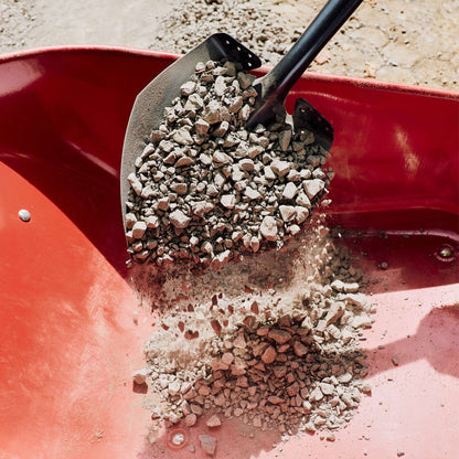 Round point shovel, long wood handle