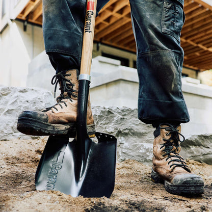 Round point shovel, long wood handle