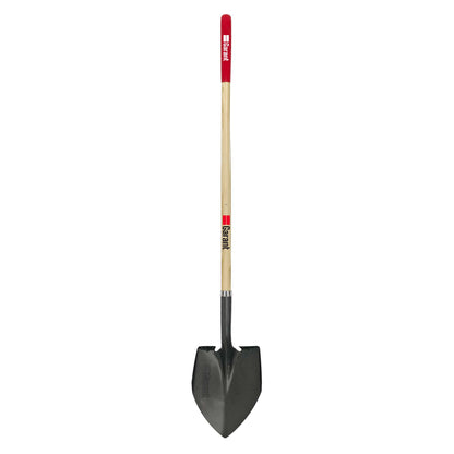 Round point shovel, long wood handle