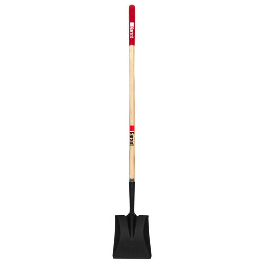 Square point shovel, long wood handle