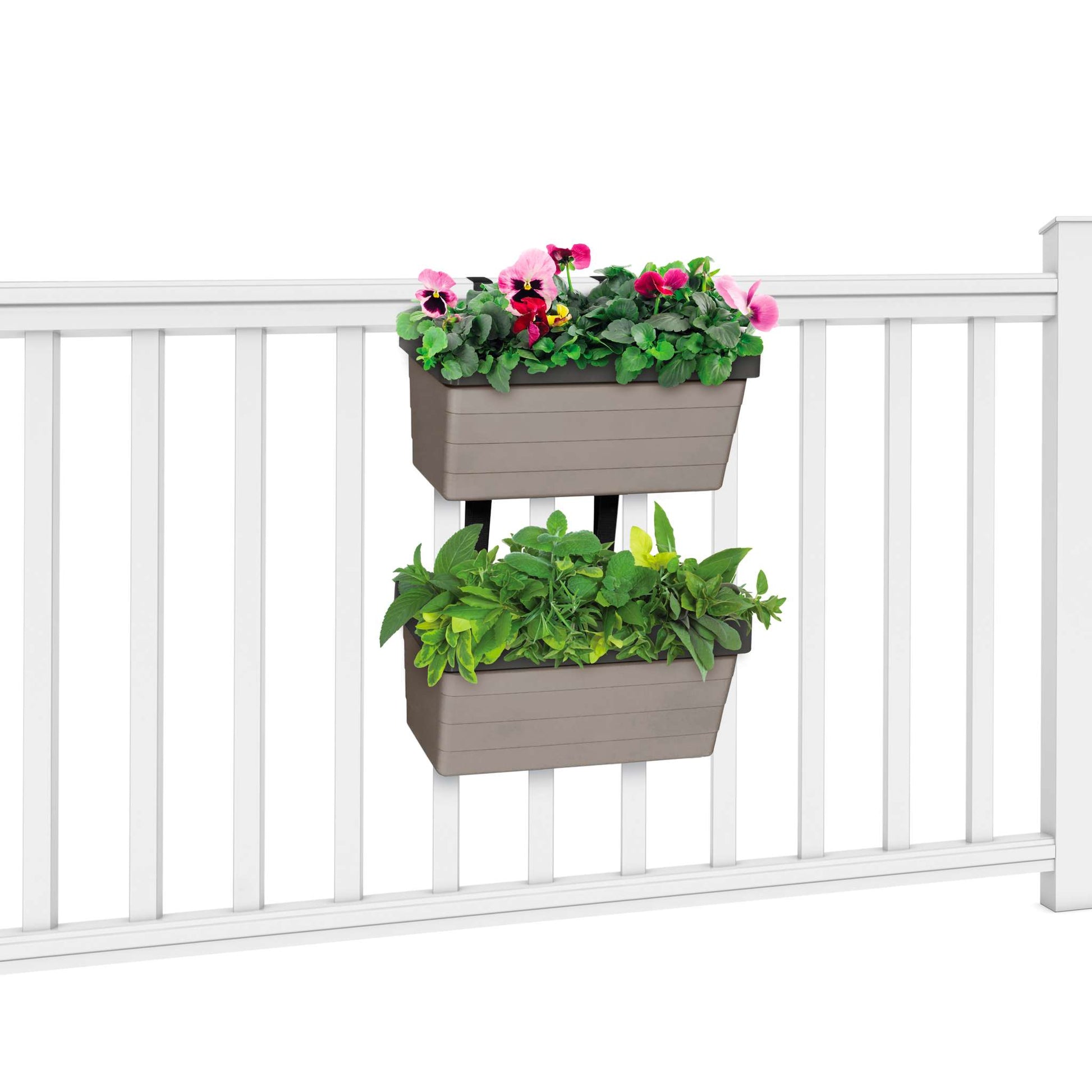 hanging rail planter Hanging Garden Kit, includes 2 self-watering railing planter boxes, Greige  – Garant