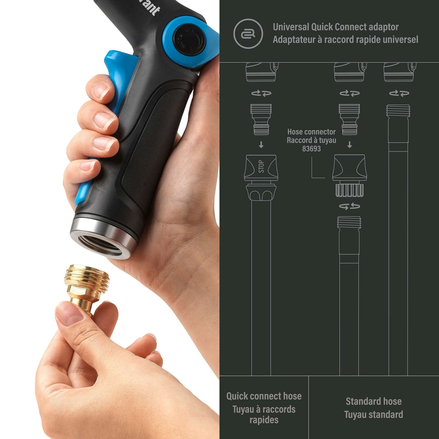 Pistolet d'arrosage à 2 fonctions avec embout et raccord en laiton