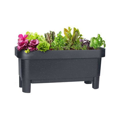 Raised garden bed with trellis and self-watering system