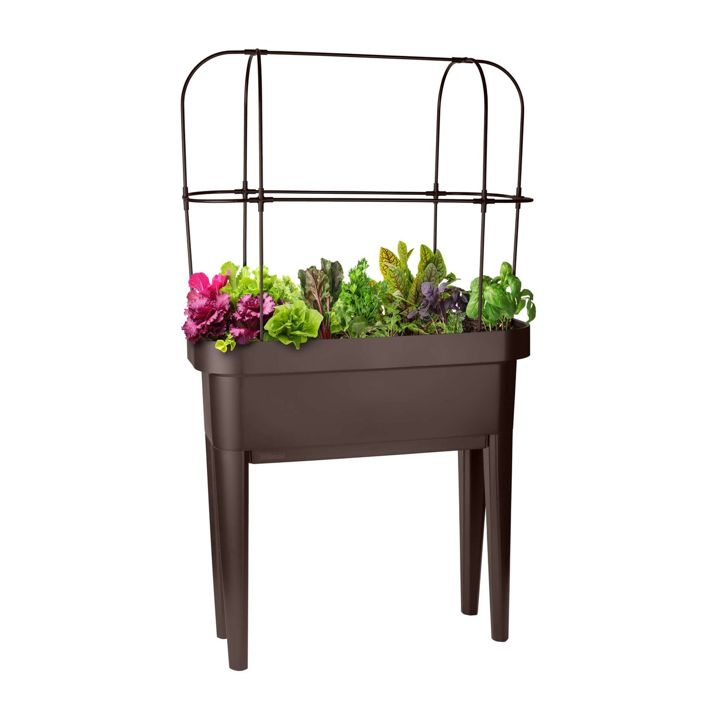 Raised garden bed with trellis and self-watering system