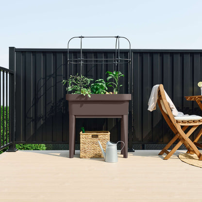Raised garden bed with trellis and self-watering system